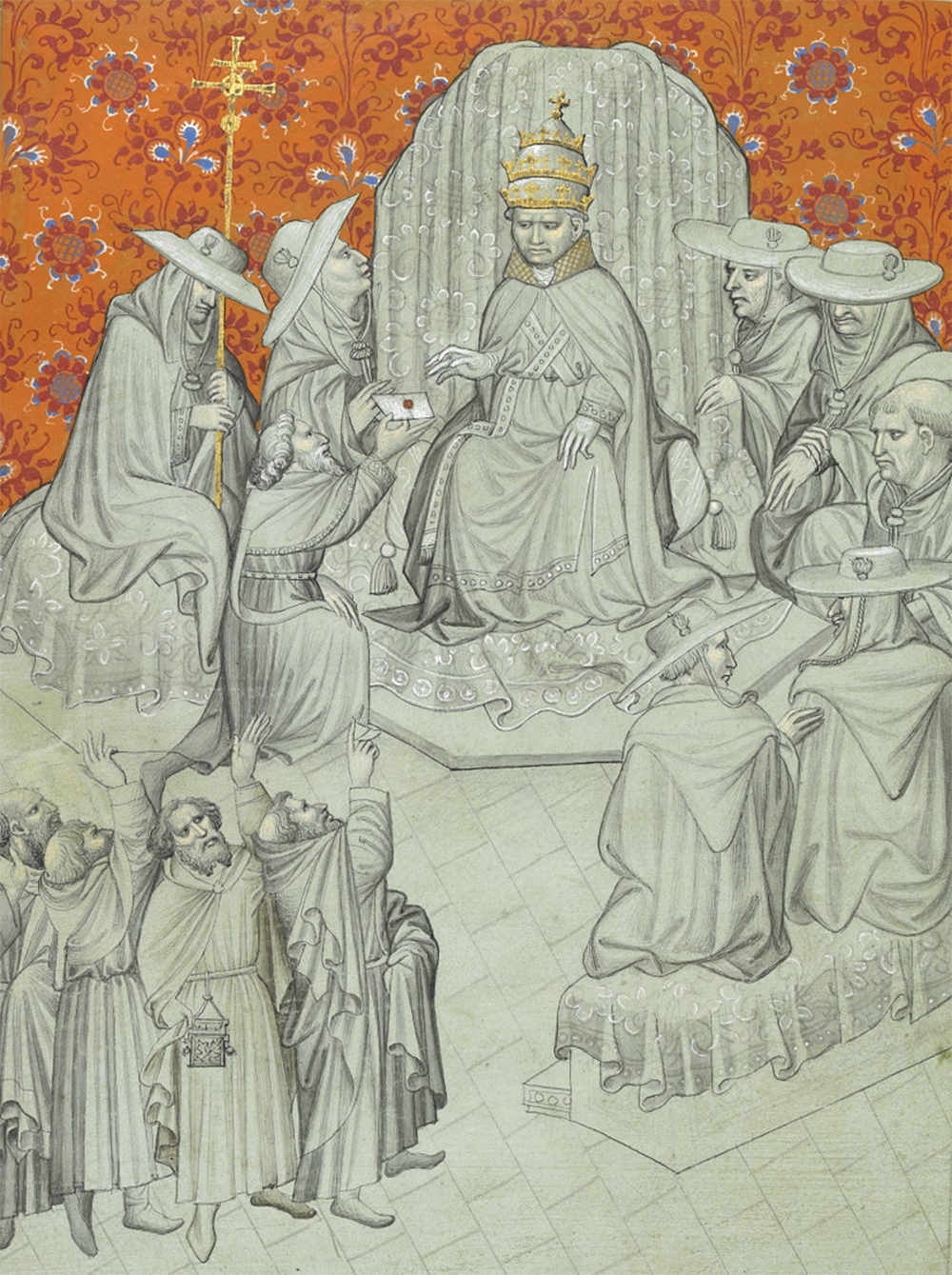 Miniature of Pope John XXII, enthroned and surrounded by cardinals, receiving the rejection by the Greek church of his claims to supremacy, from “The Travels of Sir John Mandeville,” c. 1400–1424. The British Library.