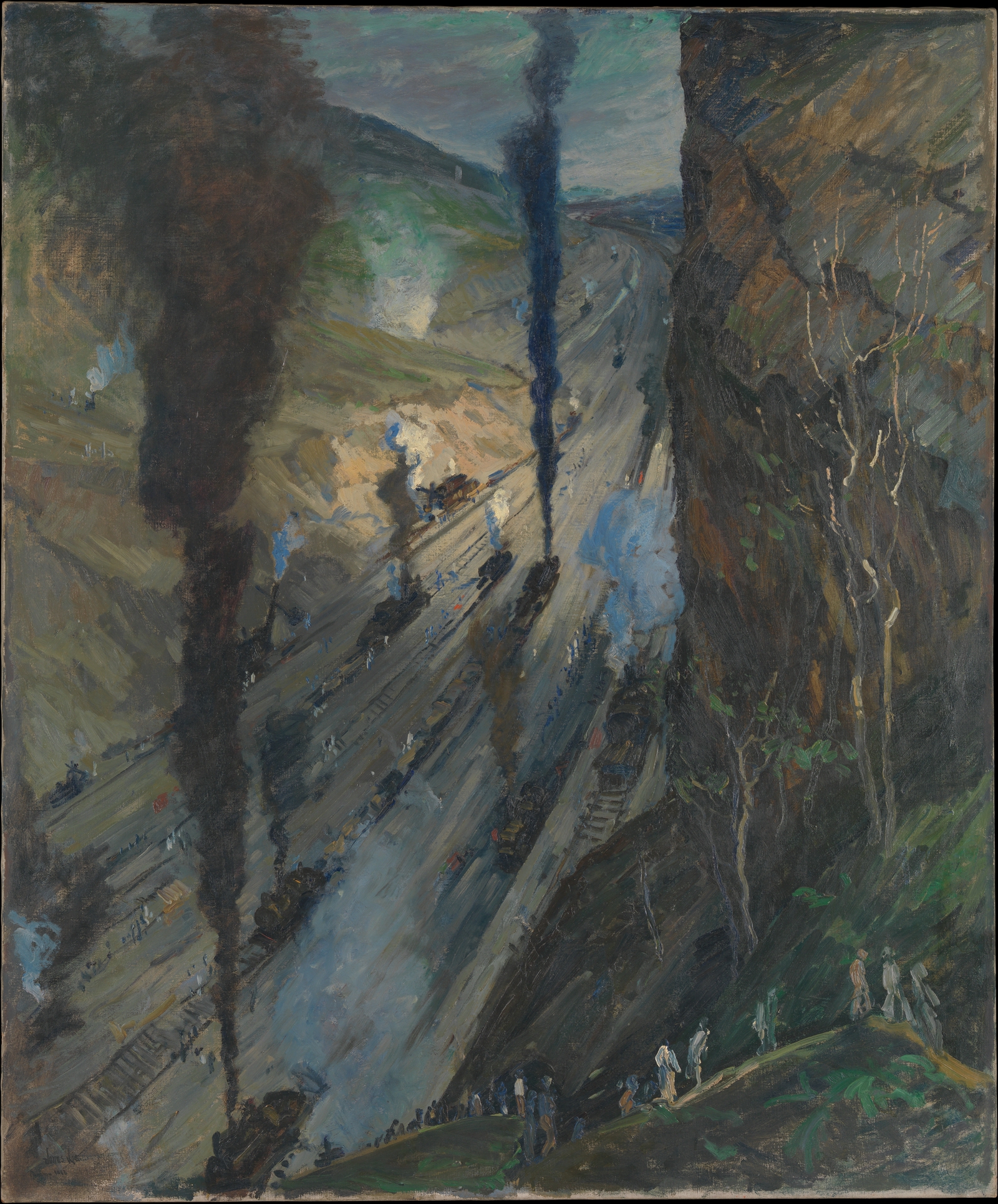 A section of the nine-mile cut made into the Culebra Mountain, featuring workers, steam-powered excavating shovels, and a locomotive, as well as hydraulic rock crushers. Darkly rendered with oil paints.
