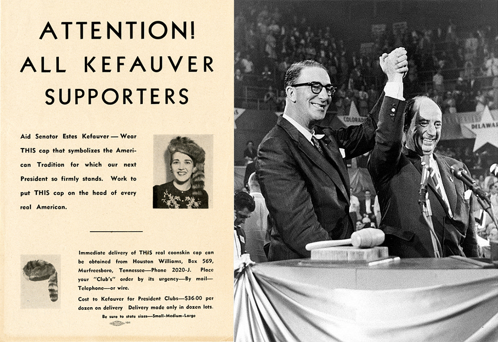 (L) “Attention! All Kefauver Supporters,” 1952. National Museum of American History. (R) Estes Kefauver and Adlai Stevenson, 1956. Photograph by George Tames. © George Tames/The New York Times/Redux. National Portrait Gallery, Smithsonian Institution; gift of Frances O. Tames.