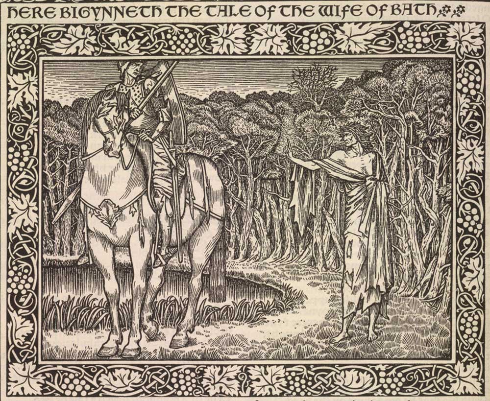 Woodcut of a man on a horse and a man in rags titled “Here bigynneth the Tale of the Wife of Bath.”