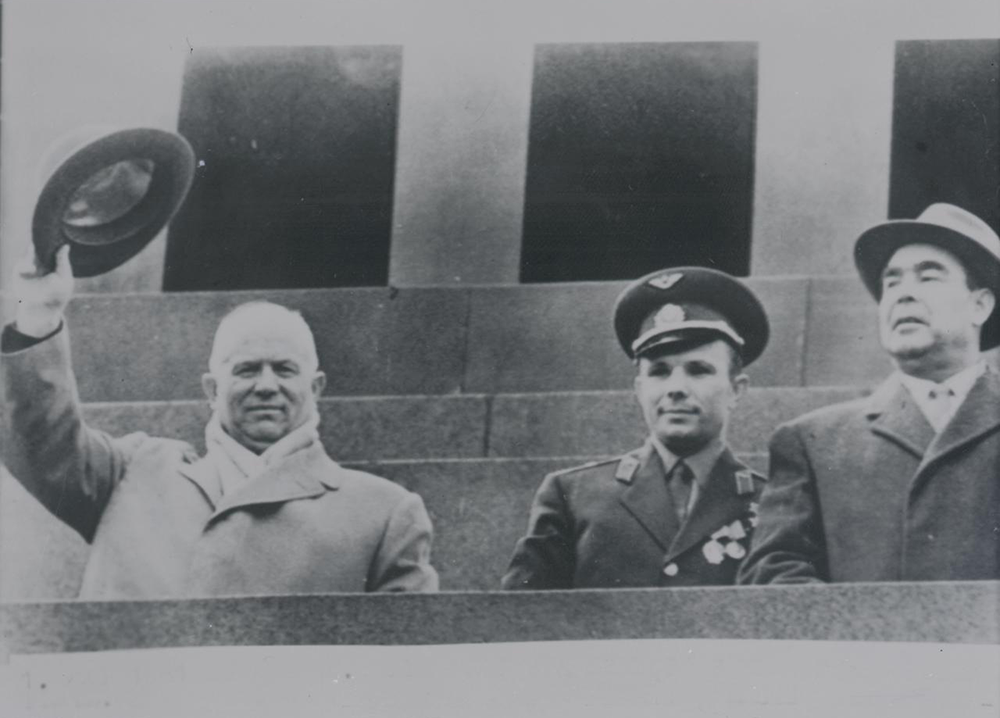 Nikia Khrushchev, Yuri Gagarin, and Leonid Brezhnev, Labor Day celebration in Moscow, May 1, 1961. National Archives of the Netherlands.