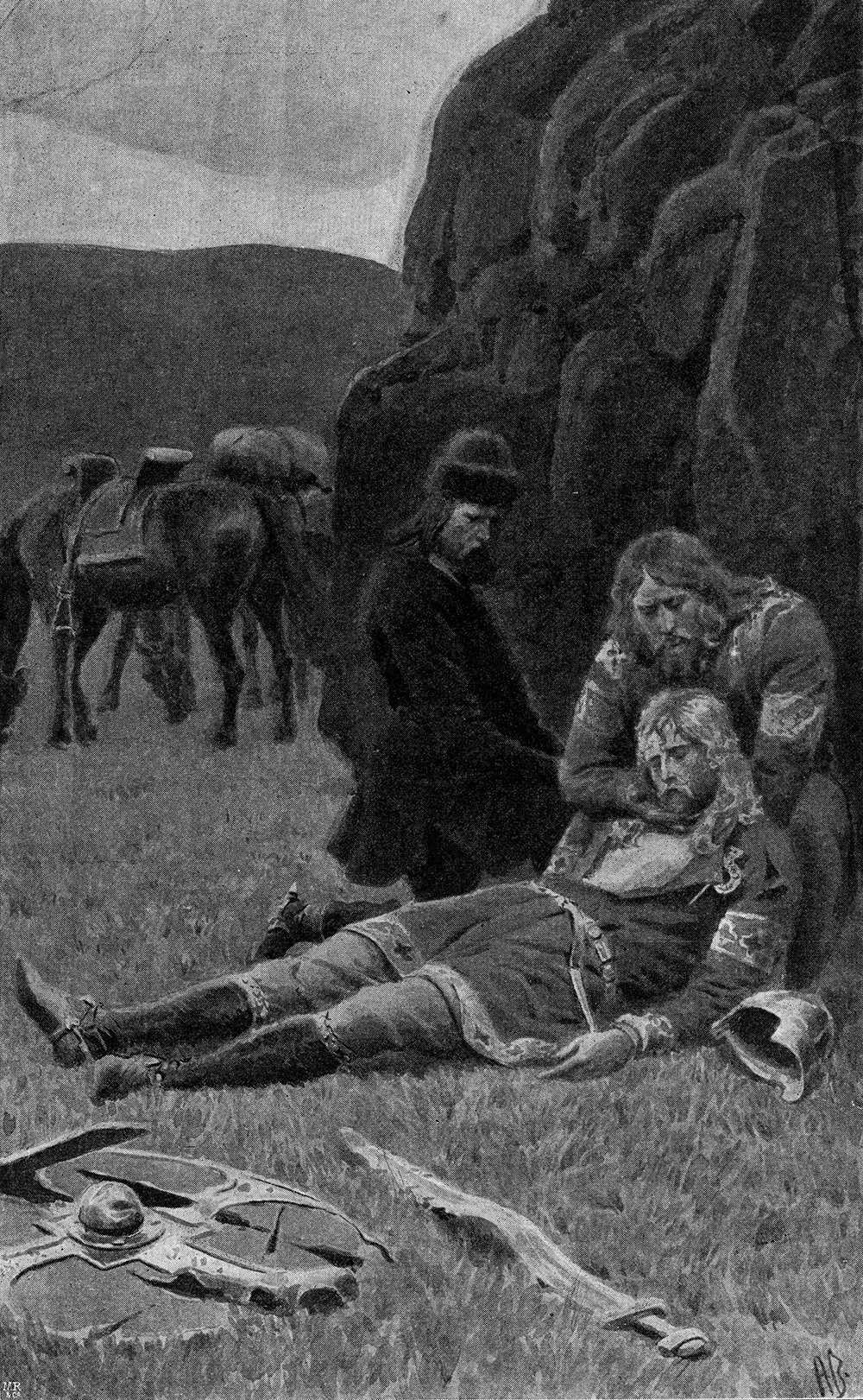 Kjartan dead in the lap of Bolli, by Andreas Bloch, 1898. From Vore fædres liv: karakterer og skildringer fra sagatiden, edited by Nordahl Rolfsen, trans. Gerhard Gran.