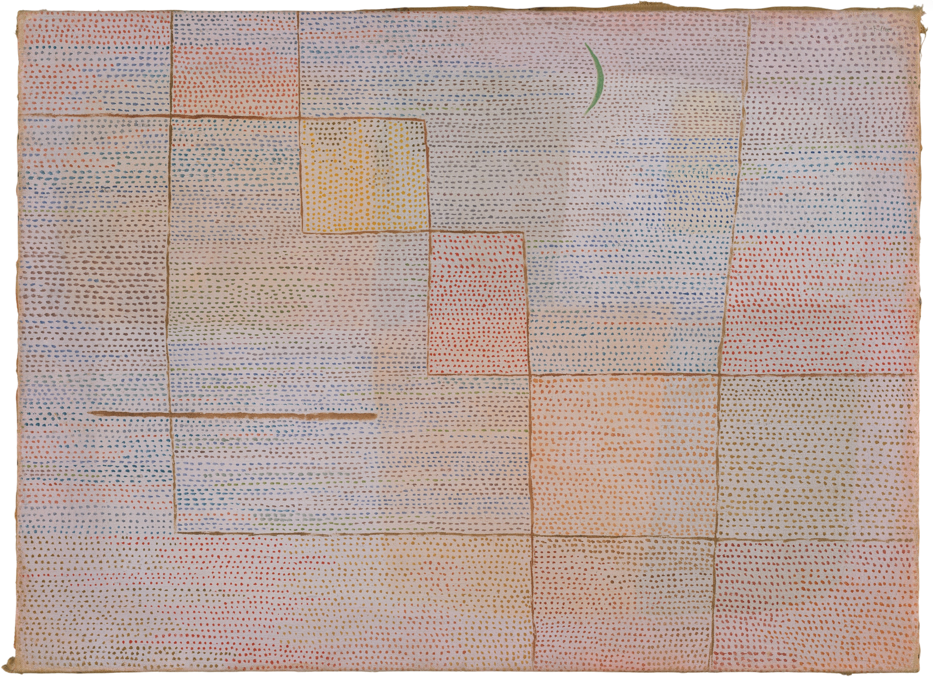 Blue, red, yellow, and green dashes form a larger image of an abstract foreground, with a green moon hanging in the sky.