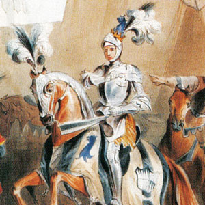 A painting of a knight on horseback