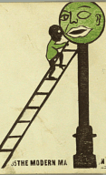 An animated gif of a cartoon man climbing a ladder to the top of a lamppost and being eaten by the lamp. The lamp resembles a cartoon moon.
