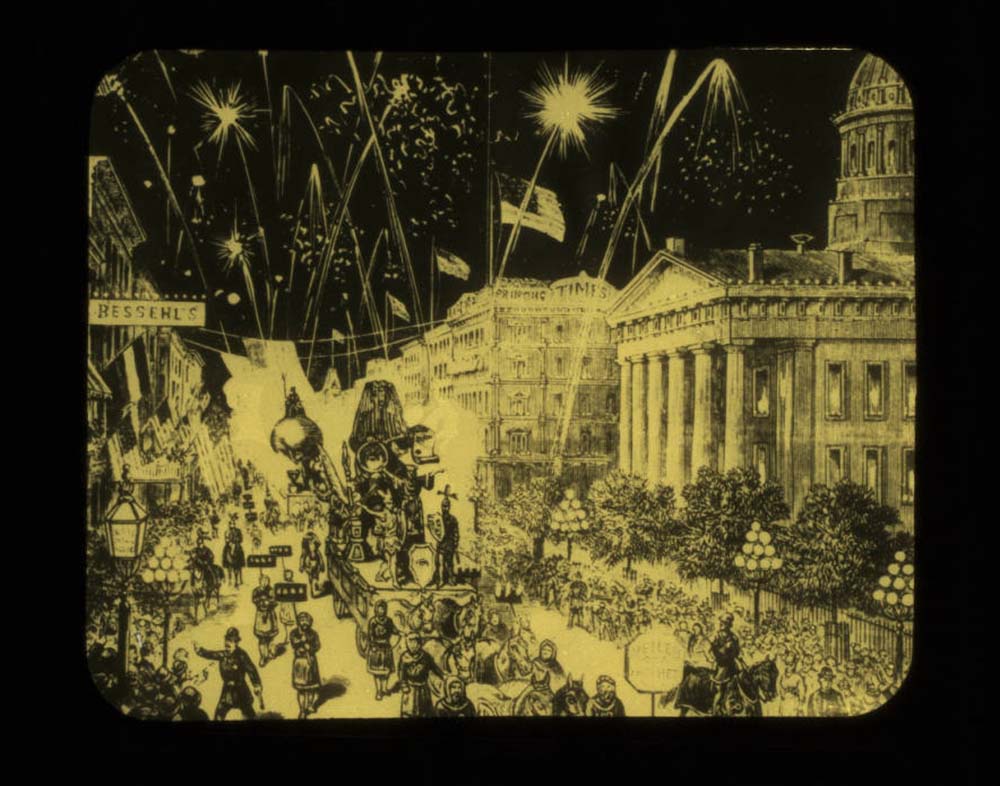 Lantern slide of the first Veiled Prophet parade in St. Louis, 1878.