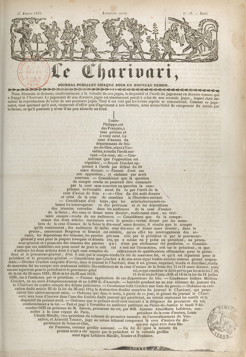 Front page of Le Charivari, by Charles Philipon, February 27, 1834. Bibliothèque nationale de France.