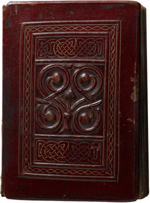 The oldest extant European full book with original binding. The leather is oxblood red and tooled with swirls and Celtic knots.