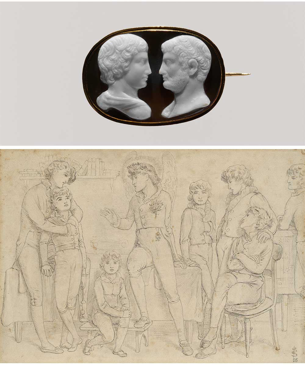 Top: Confronted busts of the Emperor Hadrian and his favorite, Antinous, Italy, eighteenth century. Bottom: Love Among the Schoolboys, by Simeon Solomon, 1865.