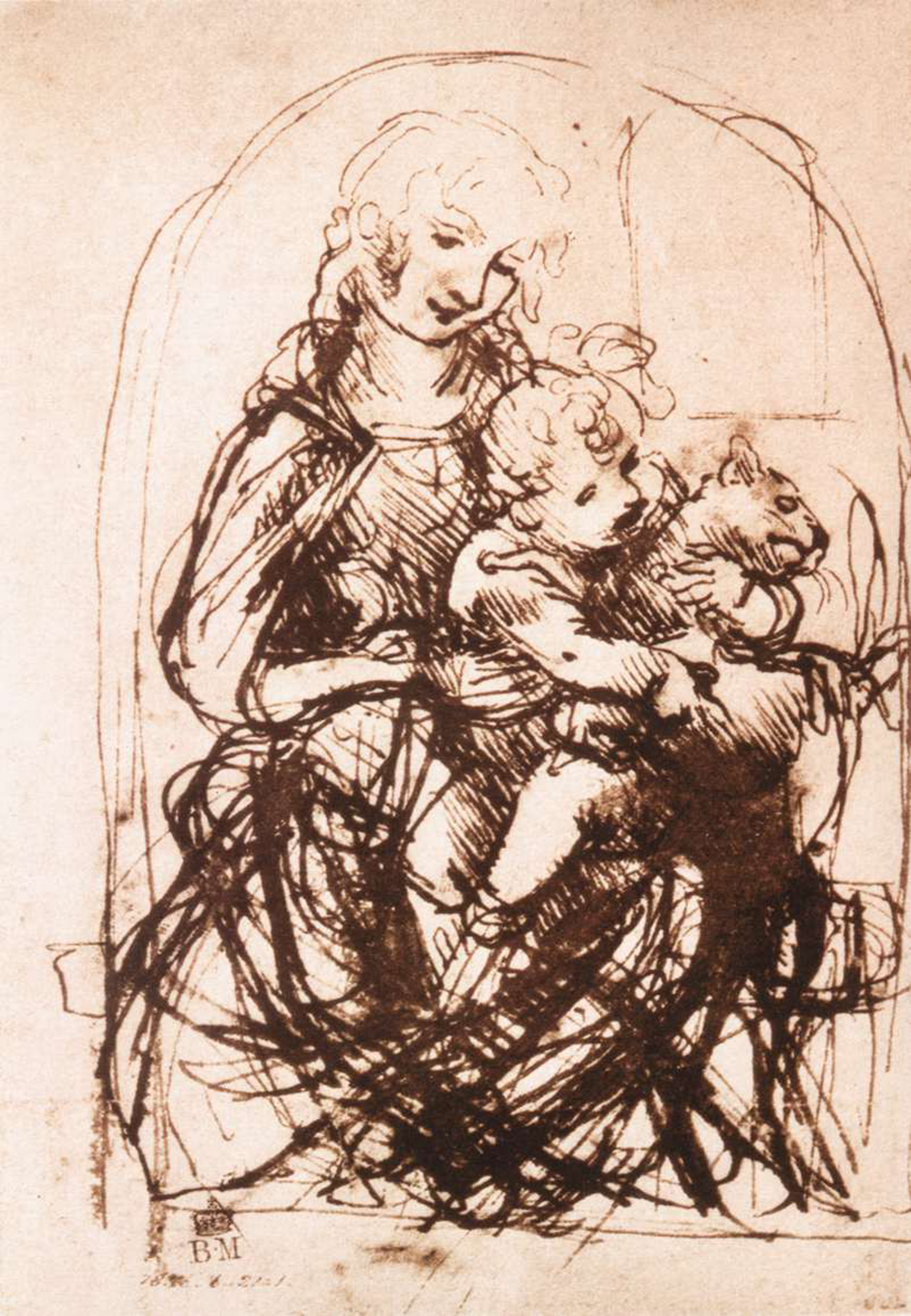 Sketch made by Leonardo in the 1470s for a painting he was planning called “Madonna with a Cat.” British Museum.
