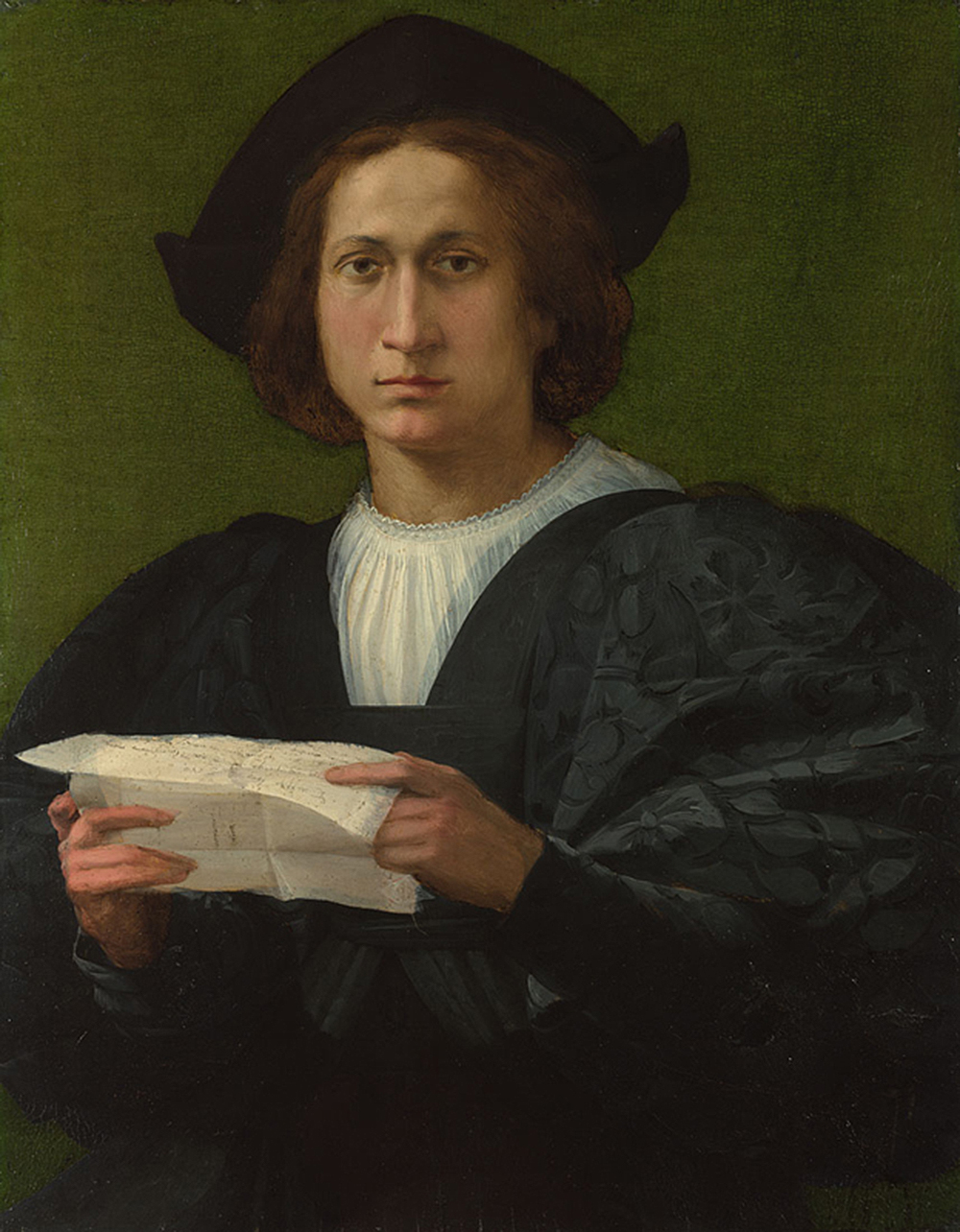 Portrait of a Young Man Holding a Letter, by Rosso Fiorentino, 1518. National Gallery, London, bought, with the generous support of the George Beaumont Group and a number of gifts in wills including a legacy from Mrs. Olive Brazdzionis, 2000.