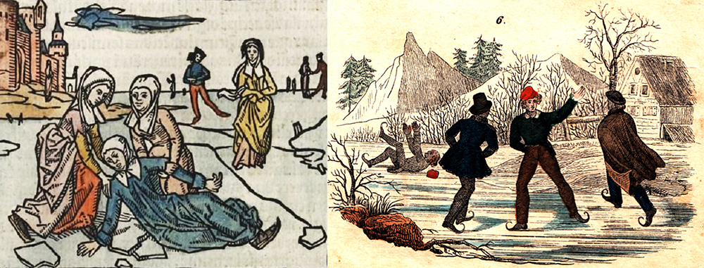 Historical plate of Saint Lindwina of Schiedman, 1498, and illustration of ice skaters from The World in Pictures, 1844. Archive of the author.