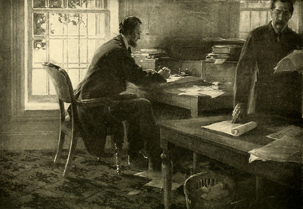 President Abraham Lincoln in the War Department telegraph office, writing the first draft of the Emancipation Proclamation. Illustration by C.M. Relyea, from David Homer Bates, “Lincoln in the Telegraph Office” (The Century Co., 1907)