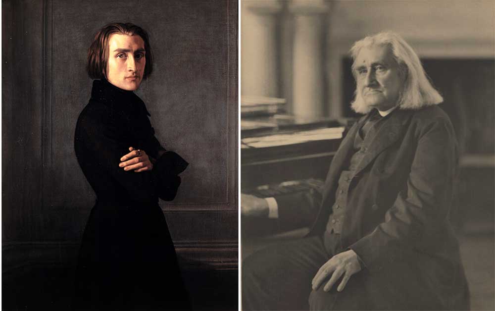 Left: Franz Liszt, by Henri Lehmann, 1839. Right: Franz Liszt, by Elliott & Fry, 1880.