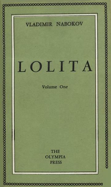 The 1955 cover of Lolita published by Olympia Press. A muted green background with a thin checkered border. Text reads, Vladimir Nobokov Lolita Volume One Olympia Press.