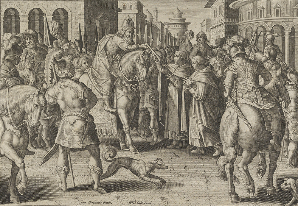 “Emperor Justinian Receiving the First Imported Silkworm Eggs from Nestorian Monks,” plate 2 from “The Introduction of the Silkworm,” by Karel van Mallery, after Stradanus, c. 1595. The Metropolitan Museum of Art, The Elisha Whittelsey Collection.