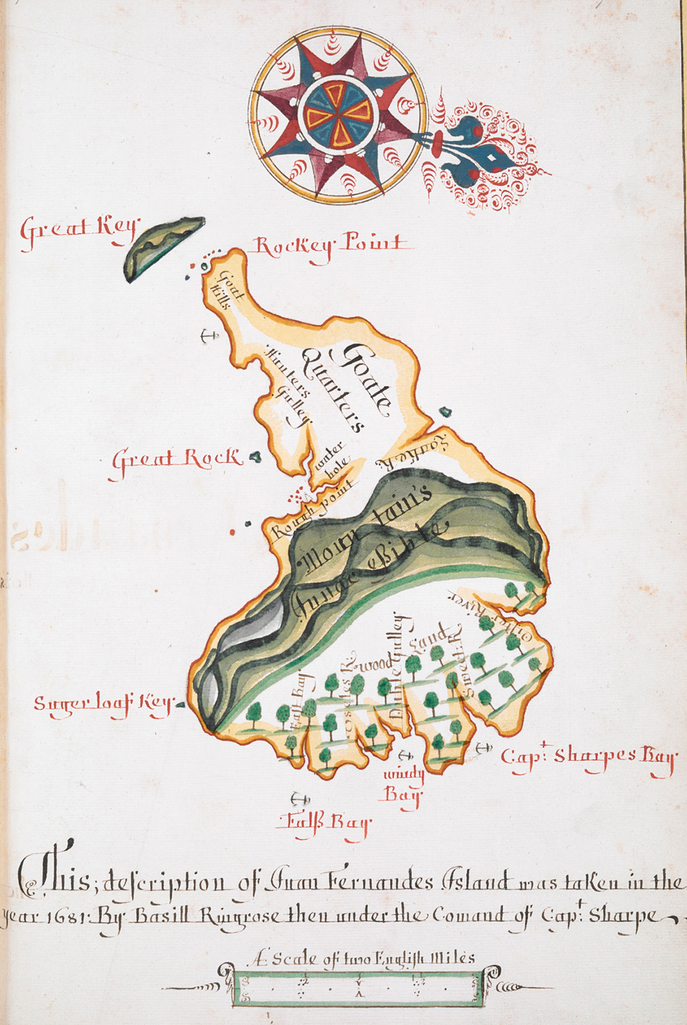 Juan Fernández Island, from Captain Bartholomew Sharp’s South Sea Waggoner, by William Hack, c. 1684. British Library.