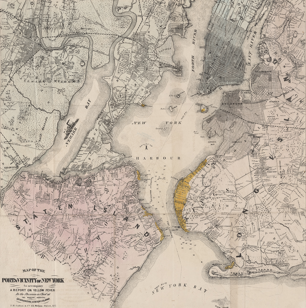 Map of the port & vicinity of New York accompanying a report on yellow fever by the physician in chief at the Marine Hospital, Quarantine, Staten Island, by J.H. Colton & Co., 1857. The New York Public Library, Lionel Pincus and Princess Firyal Map Division.