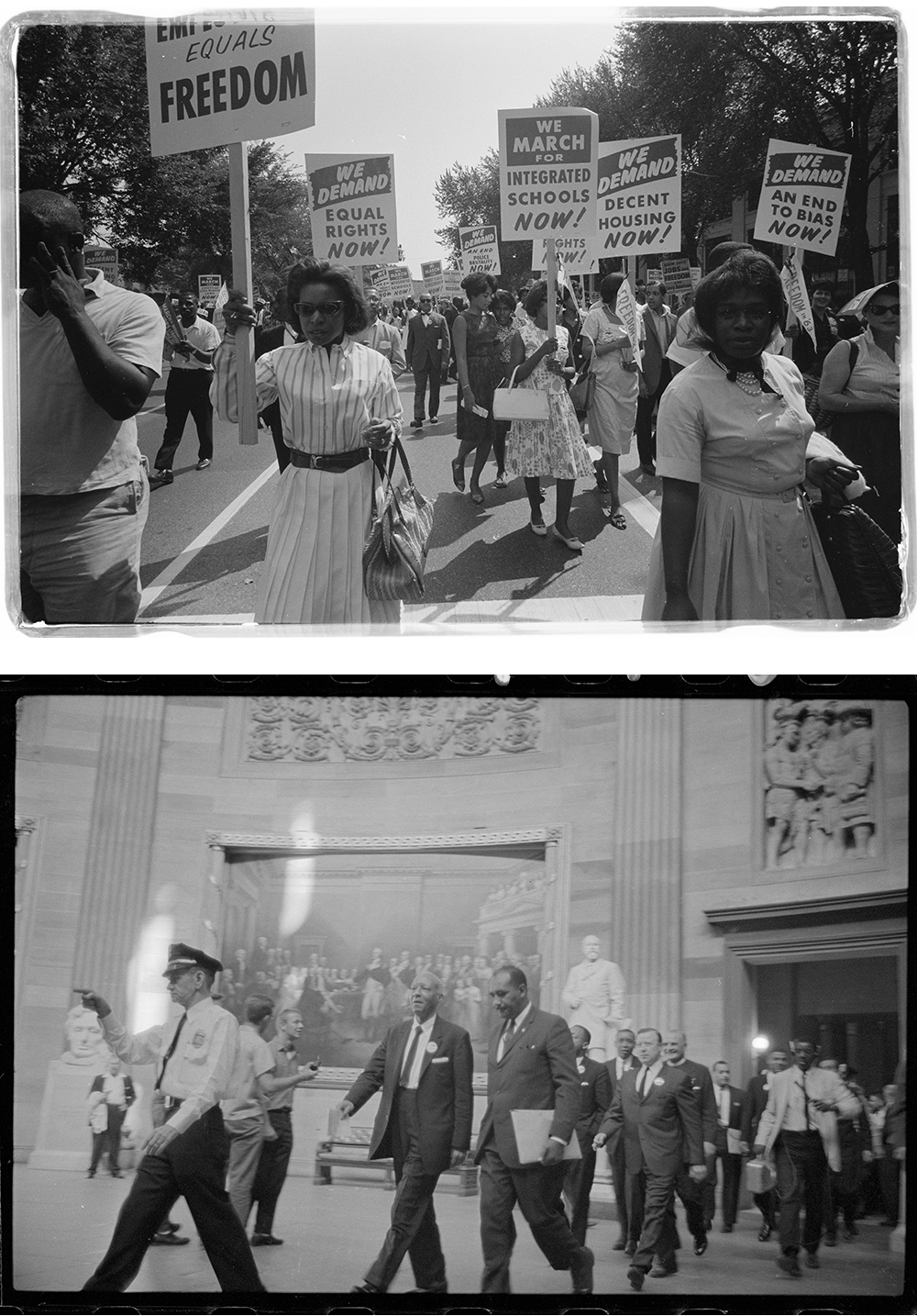 Top: March on Washington, 1963. Photograph by Warren K. Leffler. Bottom: A. Philip Randolph and other civil rights leaders on their way to Congress during the March on Washington, 1963. Photograph by Marion S. Trikosko.