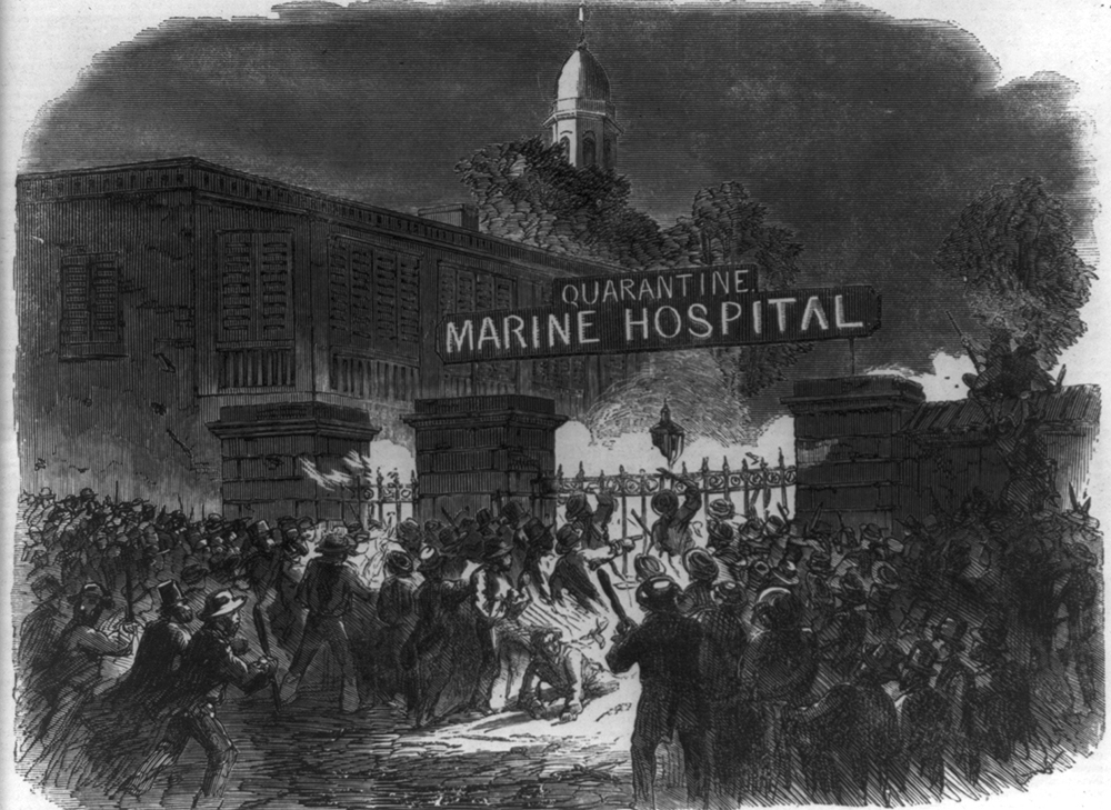 Attack on the Marine Hospital, from Harper’s Weekly, 1858.