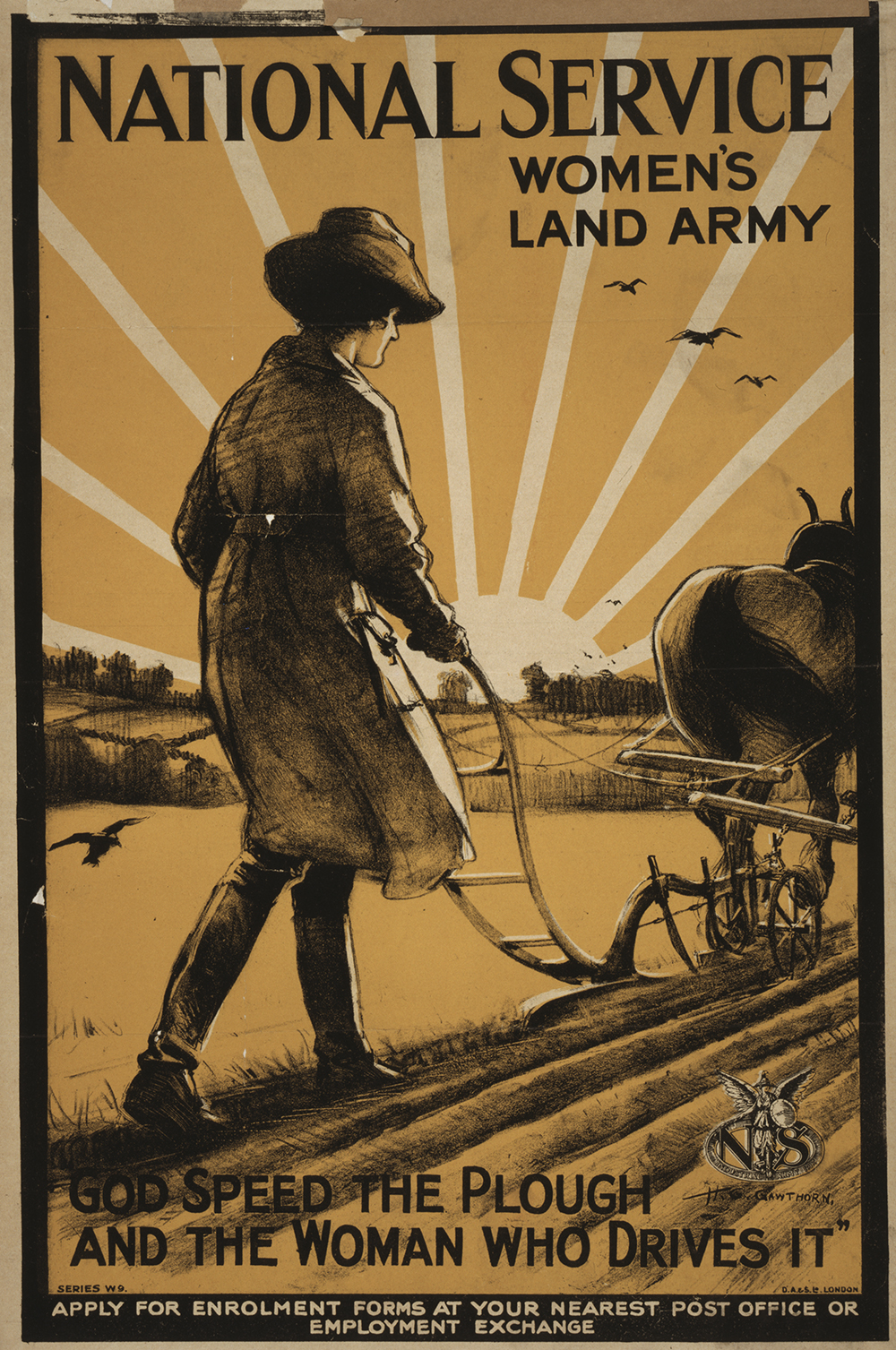 Poster of a woman using a plow pulled by a horse.
