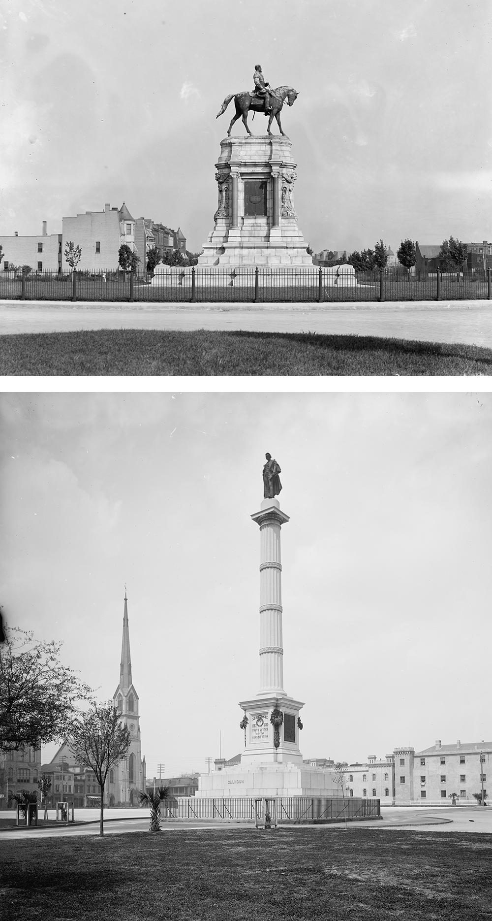 Top: Robert E. Lee monument, Richmond, Virginia, c. 1905. Photograph by Detroit Publishing Co. Bottom: John C. Calhoun monument, Charleston, South Carolina, c. 1901. Photograph by Detroit Publishing Co. Library of Congress, Prints and Photographs Division.