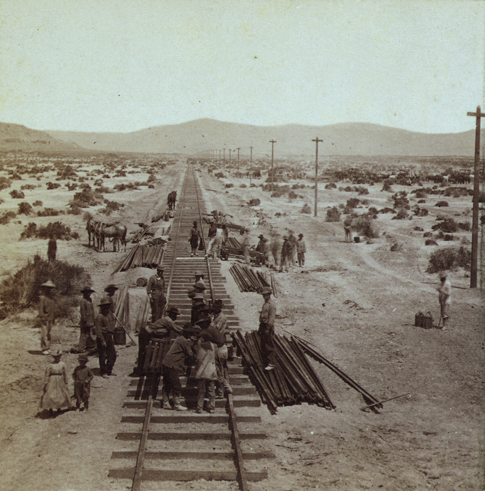 Photograph of railroad-track construction by Chinese railroad workers on Humboldt Plains by Alfred A. Hart, c. 1865.