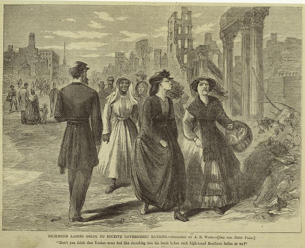 Richmond Ladies Going to Receive Government Rations, by Alfred R. Waud, 1865. The New York Public Library, The Miriam and Ira D. Wallach Division of Art, Prints and Photographs.