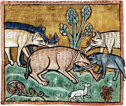 A medieval manuscript depiction of elephants. They only vaguely resembles an elephant.
