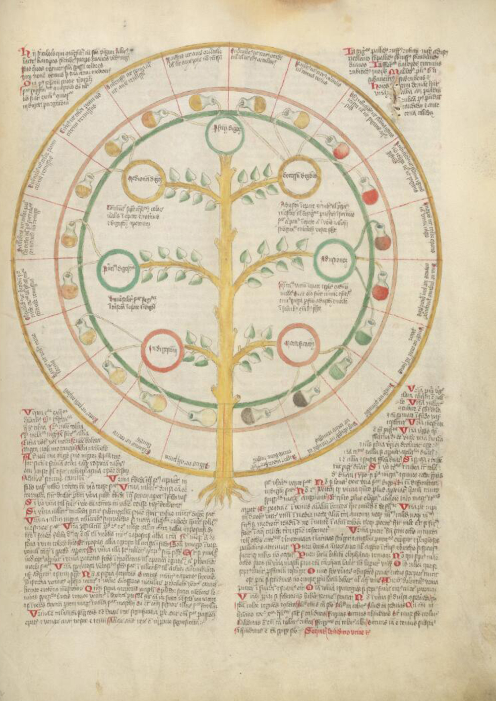 A wheel of urine spouting from a tree, from the Wellcome Apocalypse, c. 1420. Wellcome Library.