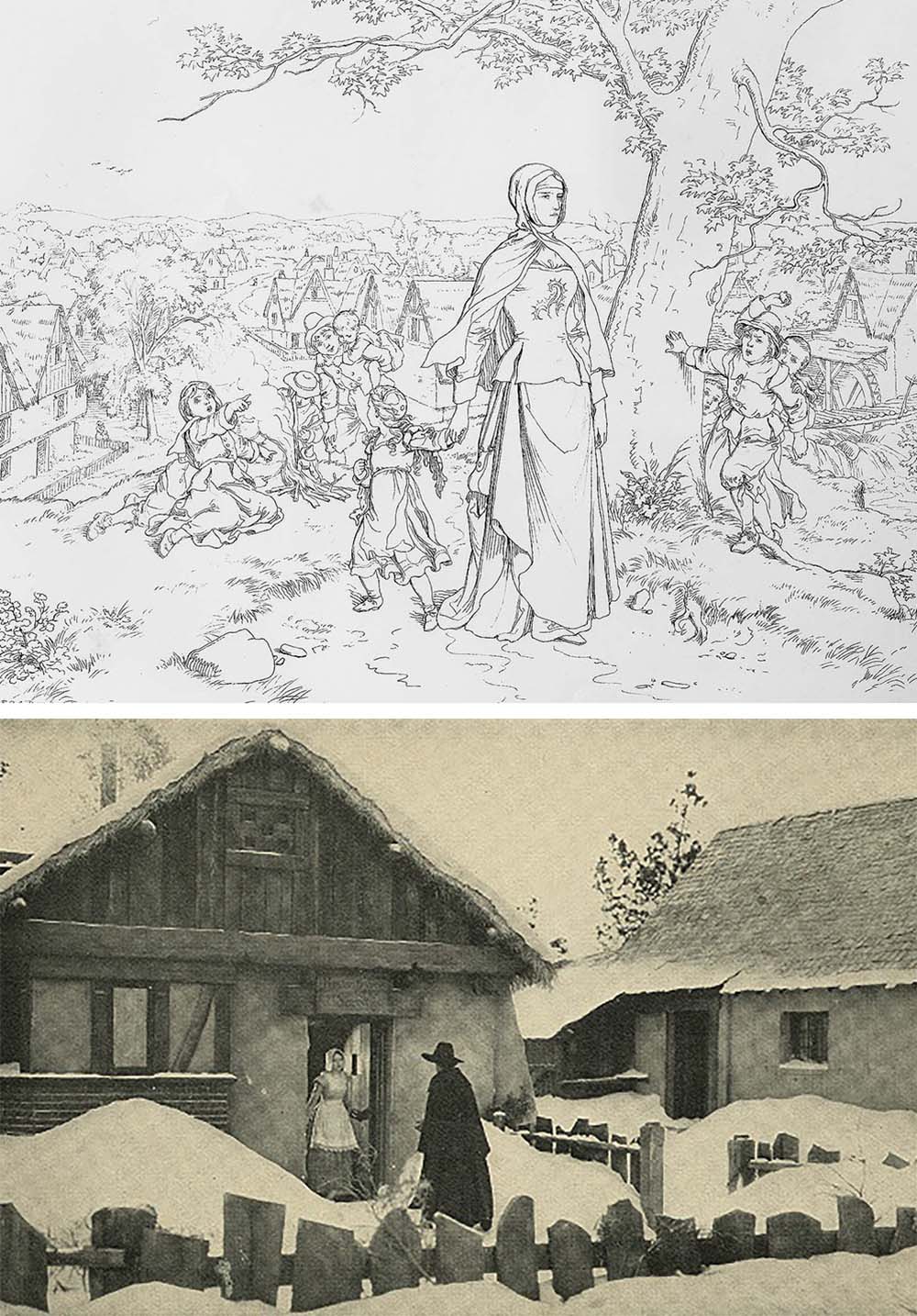 Top: Compositions in outline from Nathaniel Hawthorne’s The Scarlet Letter, by Felix Octavius Carr Darley, 1880. Bottom: A still from the 1926 film The Scarlet Letter.