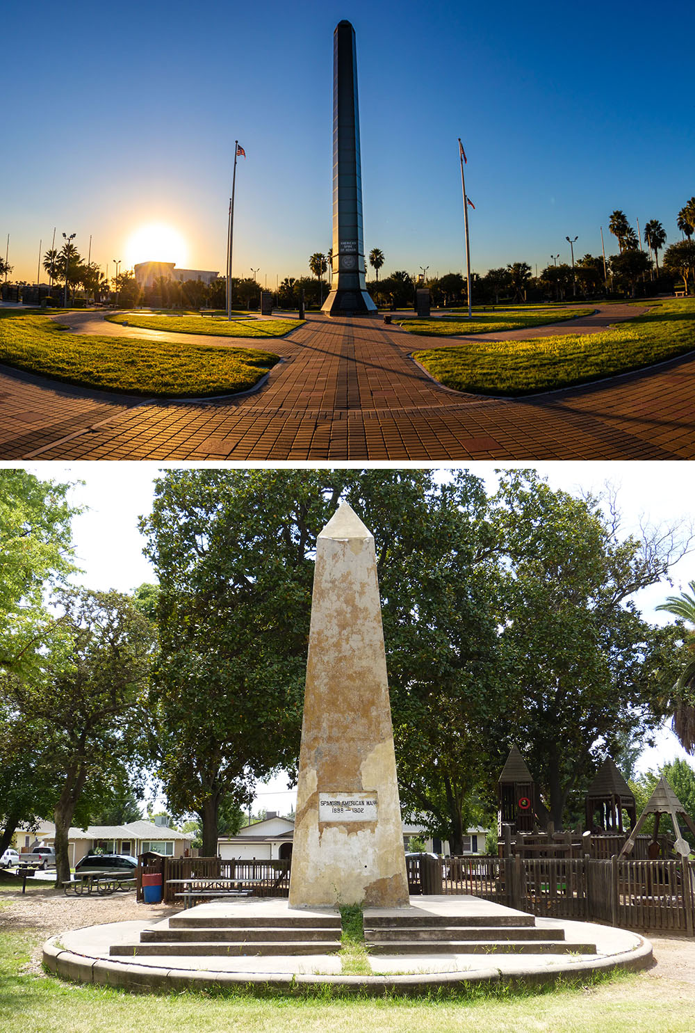 Top: The Veteran’s War Memorial of Texas, 2020. Photograph by Arbo.lifestyle. Bottom: War memorial obelisk in Oakdale, California, 2014. Photograph by Gazebo.