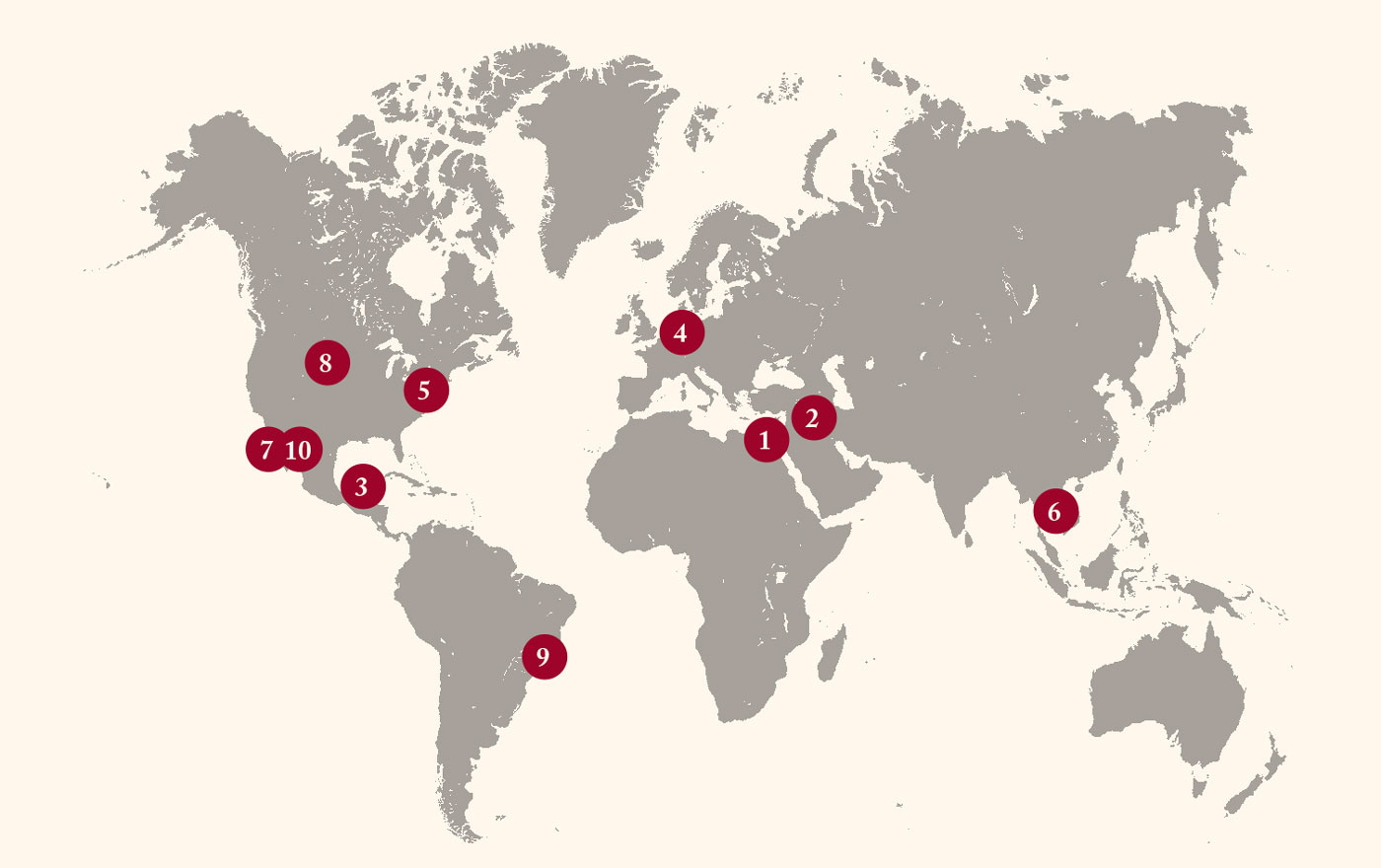 World map with numbers indicating the locations of the lost archives described below.