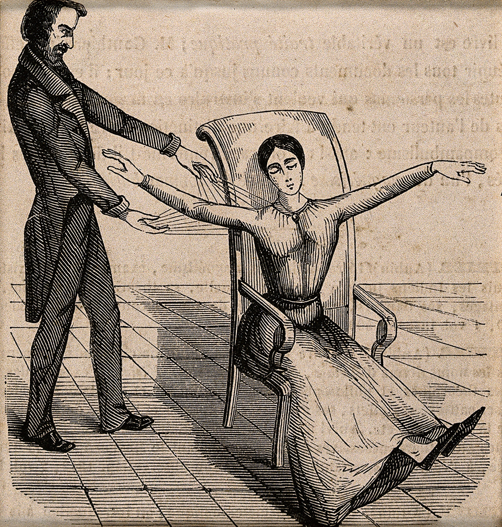 A mesmerist using animal magnetism on a woman who responds with convulsions, c. 1845. Wellcome Library.