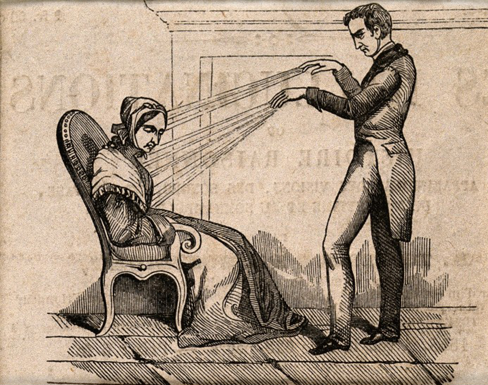 Wood engraving of mesmerism in practice, c. 1845. Wellcome Library