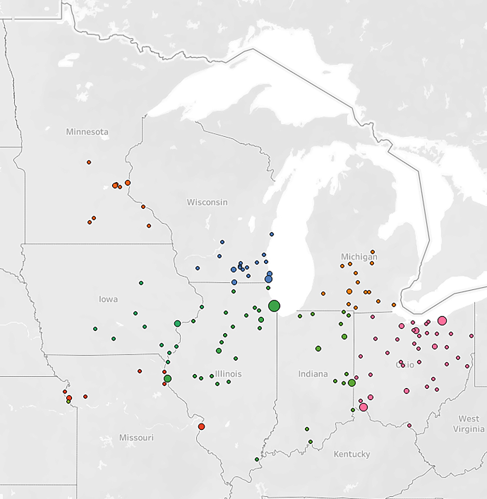 Women photographers active in the Midwest between 1840 and 1860. Location data: Adrienne Lundgren, 2021.