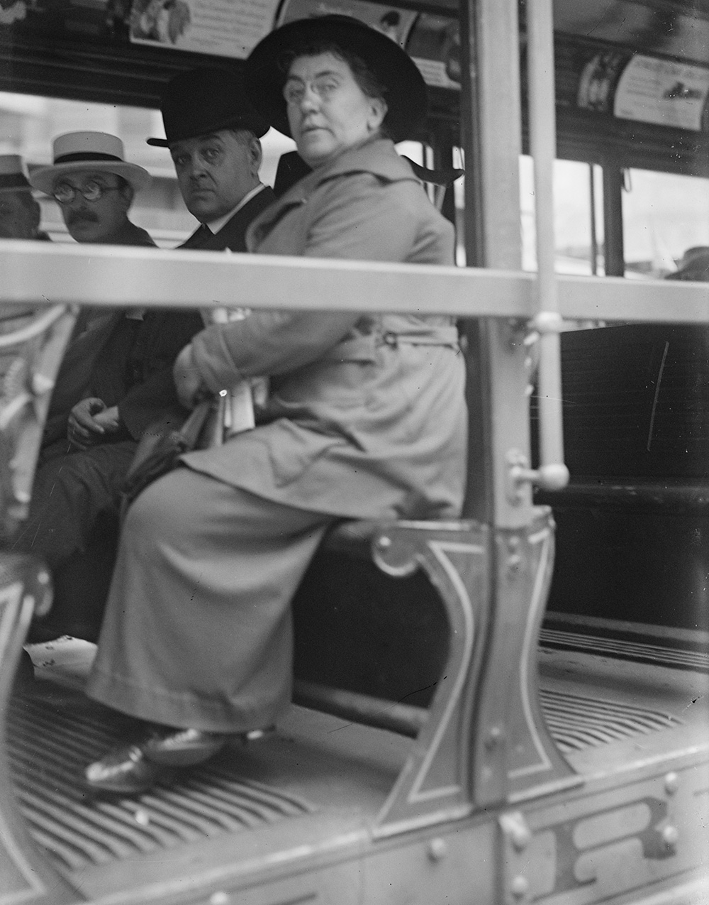 Emma Goldman sitting on a streetcar, 1917. Photograph by Bain News Service.