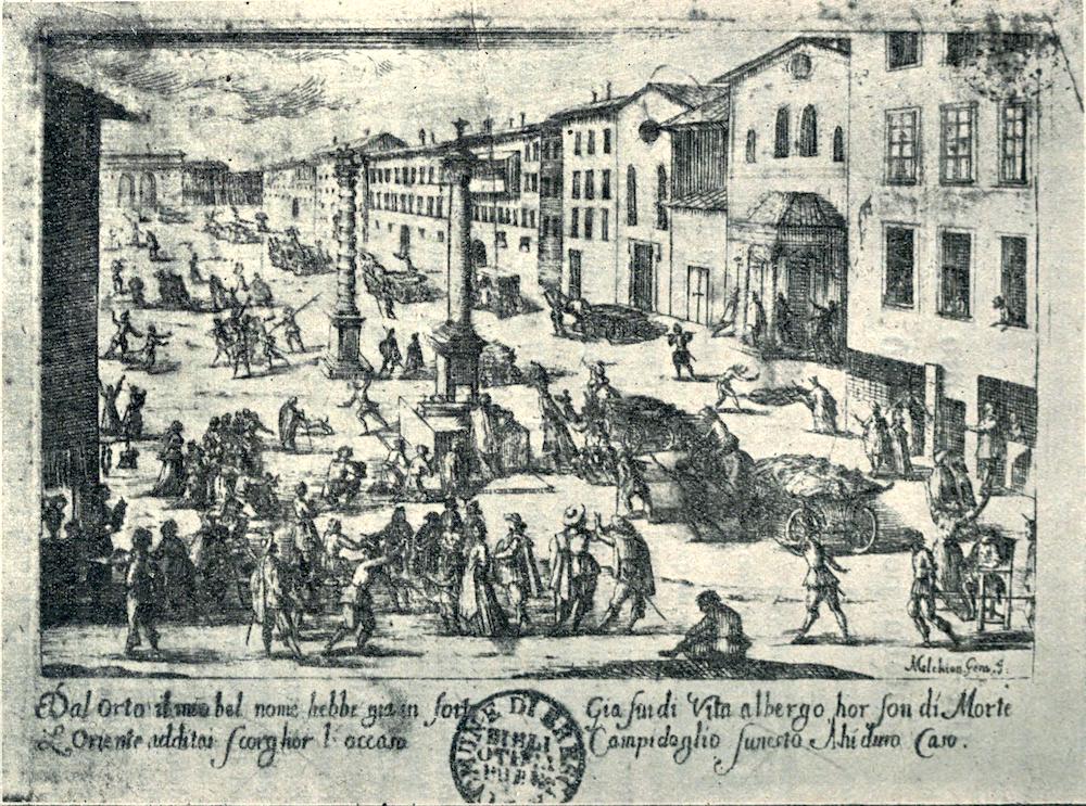 Etching. View of Piazza San Babila, Milan during the plague of 1630. Eight plague carts laden with corpses head towards the Porta Orientale—presumably to the cemetery of S. Gregorio which stood by the lazaretto beyond the city gate.