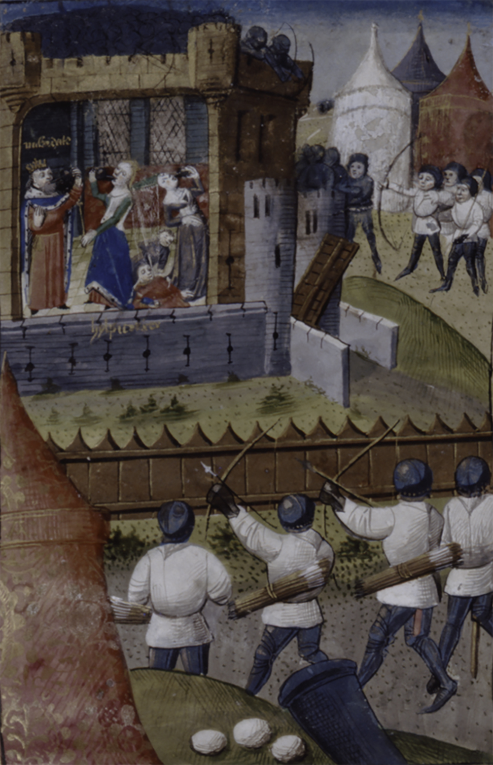 Miniature showing Roman archers surrounding and attacking the palace chamber where Mithridates, Hypsicratea, and three others are drinking poison from chalices, from a manuscript of De claris mulieribus by Giovanni Boccaccio, 1450.