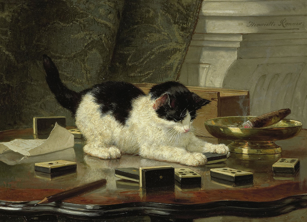 Painting of a black-and-white cat playing on top of a desk next to a cigar burning in an ashtray.