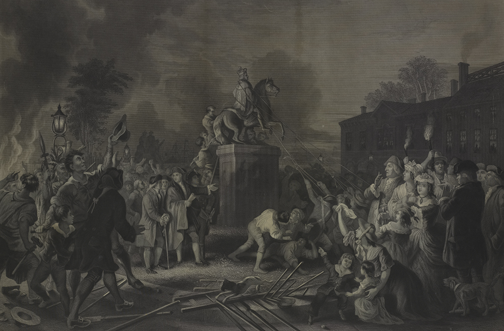 Pulling Down the Statue of George III by the “Sons of Freedom” at the Bowling Green, after Johannes Adam Simon Oertel, 1856.