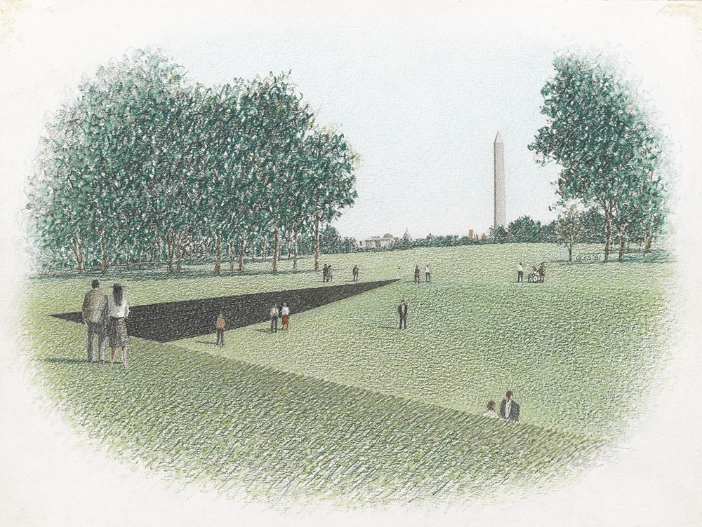 Illustration of Maya Lin’s design for the Vietnam Veterans Memorial, with Maya Lin and Paul Stevenson Oles in the foreground, by Paul Stevenson Oles, 1981.