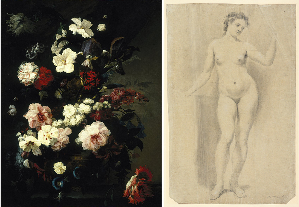 Left: Flowers, Still Life (Jardiniere of Flowers), by Mary Moser, c. 1780. Right: Standing female nude, by Mary Moser, eighteenth century.