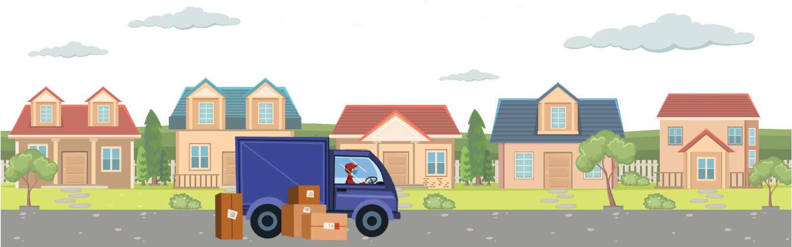 Moving Day Street of houses with a blue moving truck and boxes in the road