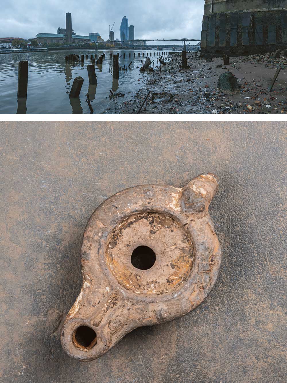 Top: Queenhithe Dock, City of London, a stretch of the river that has seen continuous activity for almost two thousand years. Bottom: Oil lamp, c. 70. Found at an undisclosed location by Monika Buttling-Smith. Photographs by Matthew Willis-Ellis.