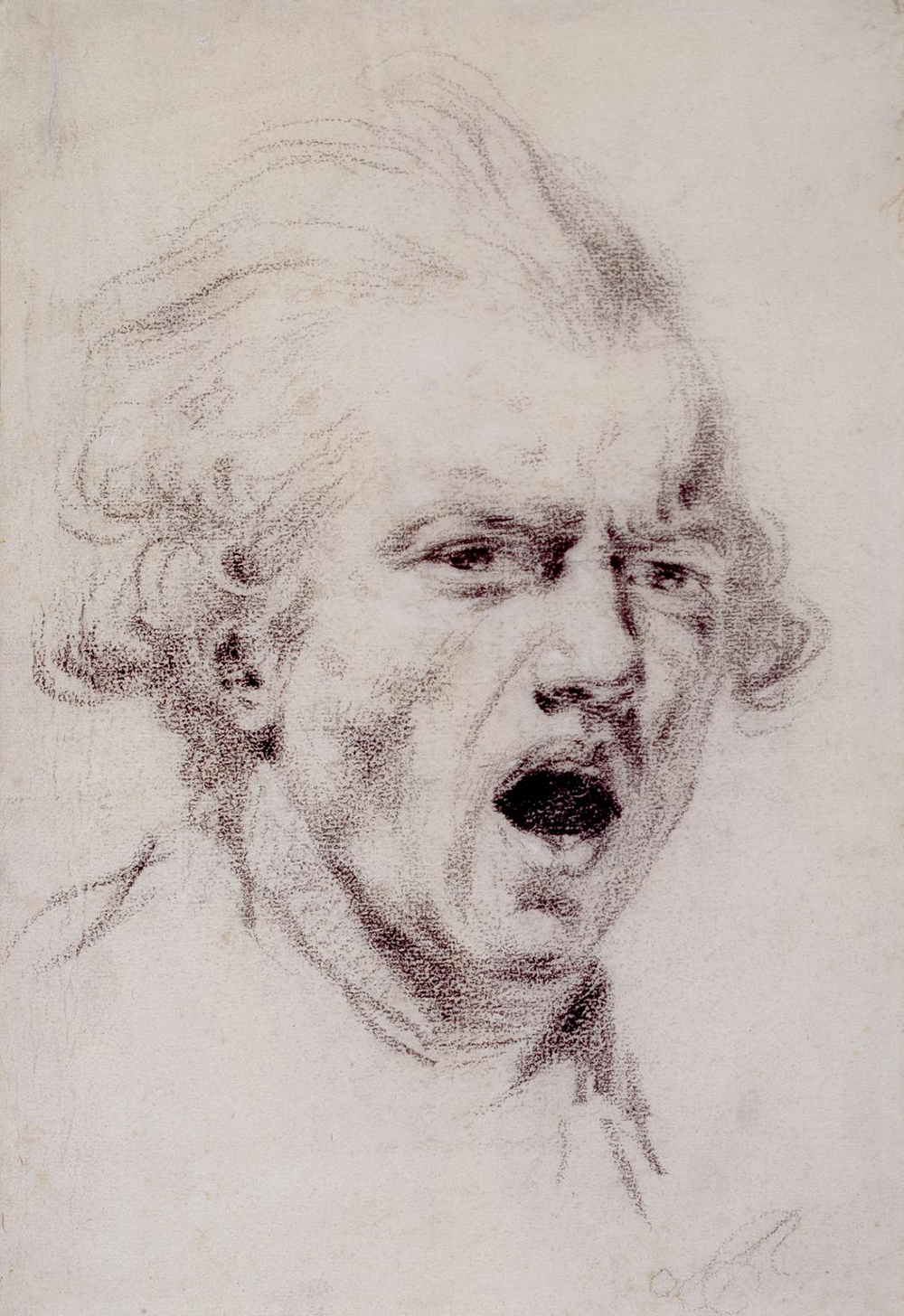 Chalk drawing of the head of a man with his mouth open and brow furrowed