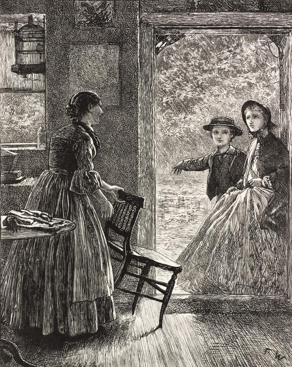 Wood engraving of a woman tilting a chair toward two people standing in an open doorway