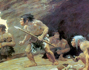 Drawing of several Neanderthal. One holds a spear.