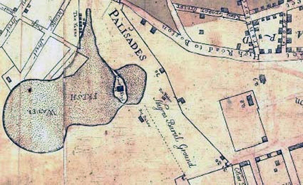 Maerschalck Map of 1754, with Negro Burial Grounds near the “Fresh Water” or Collect Pond. (The African Burial Ground Project, Howard University)