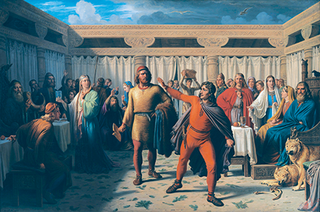 Painting of the Norse gods with a man in red in the center, pointing to his right